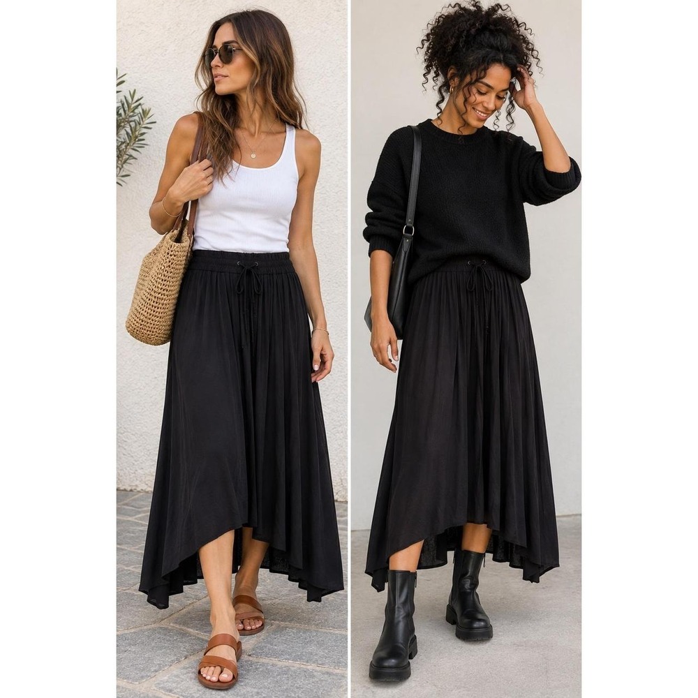 Simply Vera Wang Black Lagenlook Artsy Asymmetrical Maxi Skirt Boho Size Small - Picture 2 of 8